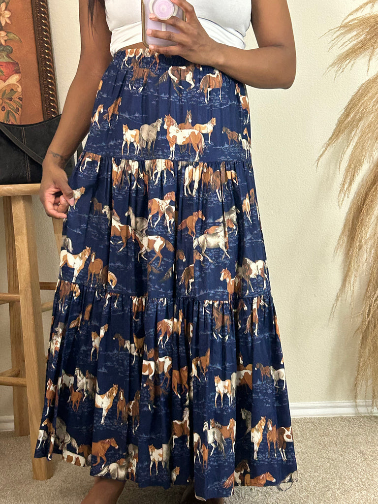 Tiered Horse Print Maxi Skirt (M)